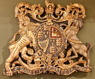 Antique Wooden Carved Crest – Majestic Horse & Unicorn Motif with Gold Foiling
