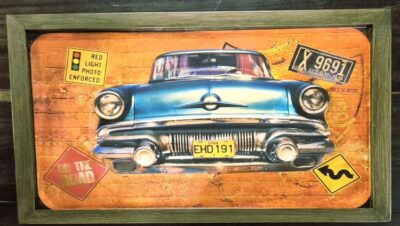 Vintage Car Advertisement Board – Embossed Tin Art