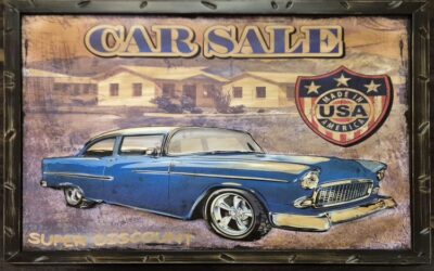 Vintage Car Advertisement Board – Embossed Tin Art For Sale