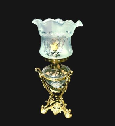 Vintage Brass Electric Table Lamp – Converted Kerosene Lamp with Glass Shade