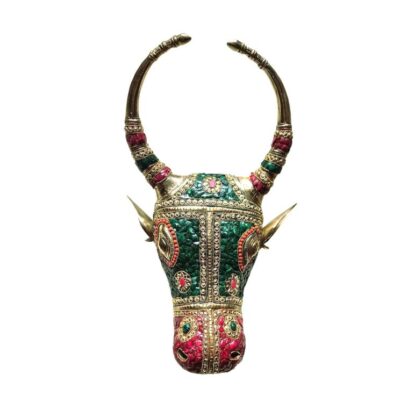 The 20-inch Brass Nandi Mask With Torquoise And Coral Stone Artwork .