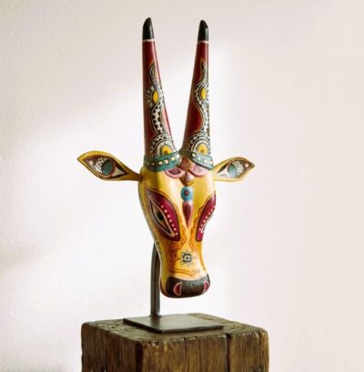 Hand-Painted Decorative Cow Head Sculpture on Stand